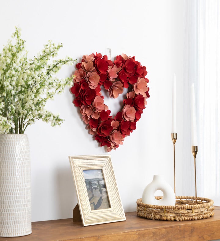 Wooden Floral Artificial Valentine's Day Wreath - 15" - Red And Pink
