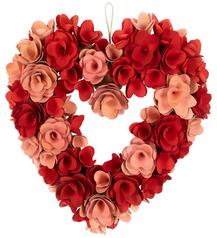Wooden Floral Artificial Valentine's Day Wreath   15"   Red And Pink