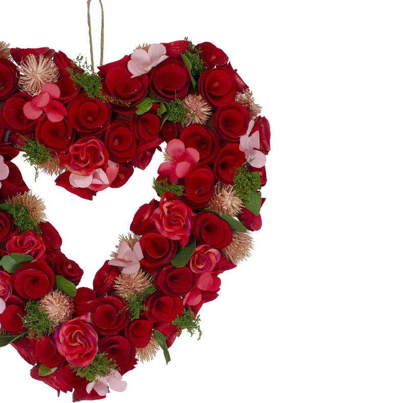 10" Red Wooden Rose Floral Heart Shaped Artificial Valentine's Day Wreath