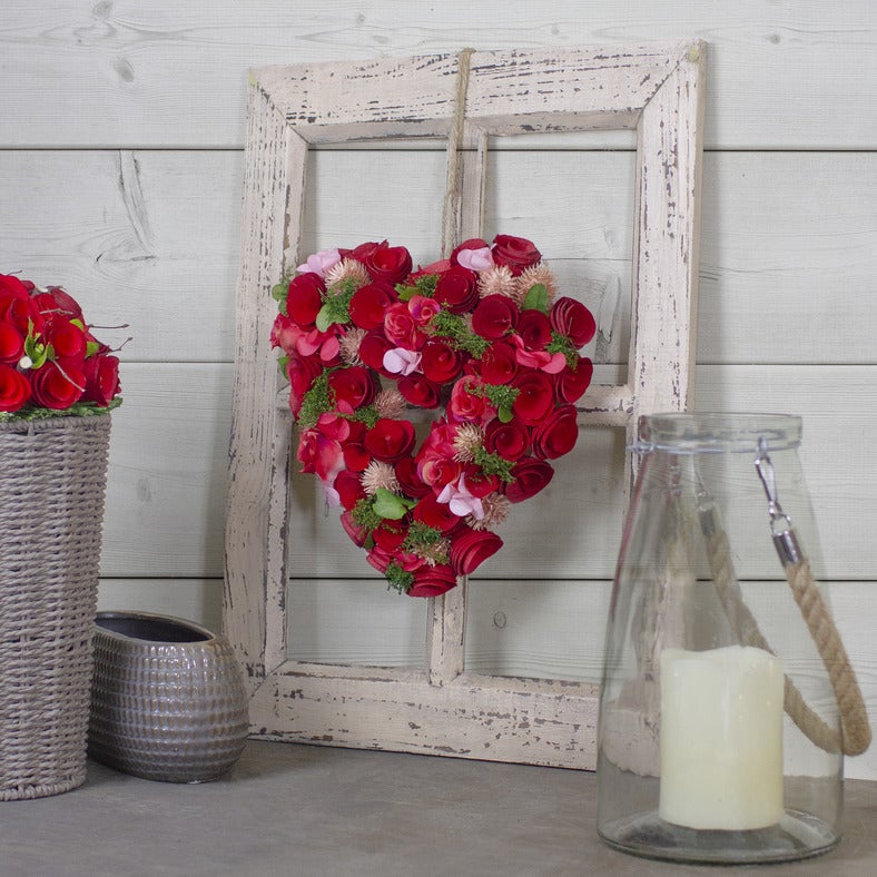 10" Red Wooden Rose Floral Heart Shaped Artificial Valentine's Day Wreath