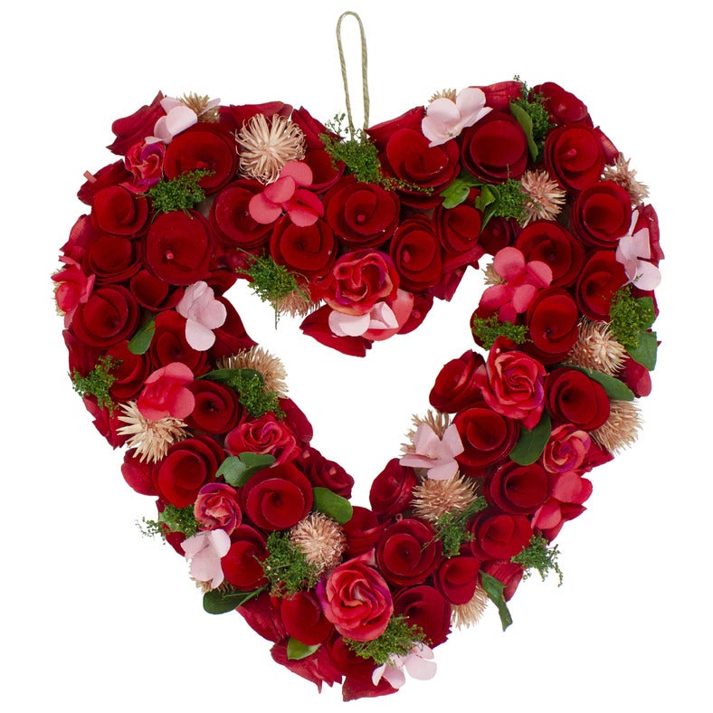 10" Red Wooden Rose Floral Heart Shaped Artificial Valentine's Day Wreath