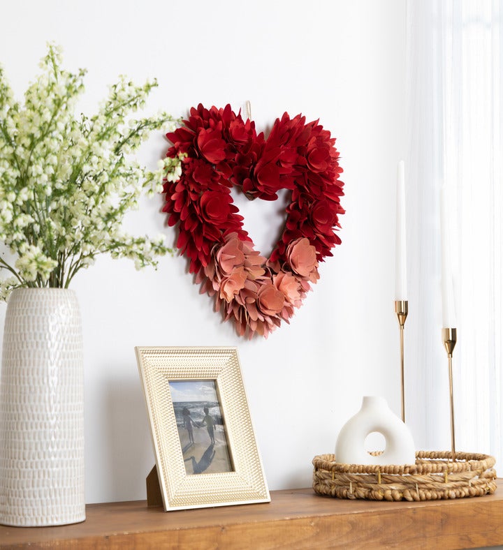 Wooden Rose Artificial Valentine's Day Floral Wreath - 15" - Red And Pink