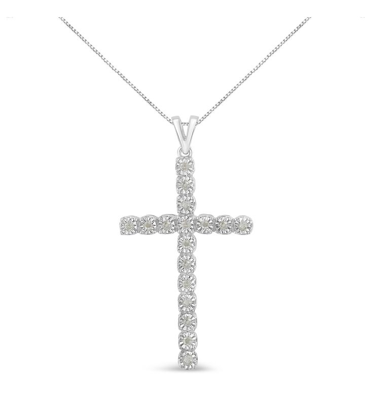 Silver 1/4 Cttw Diamond Miracle Set Cross Unisex Pendant Necklace 18"