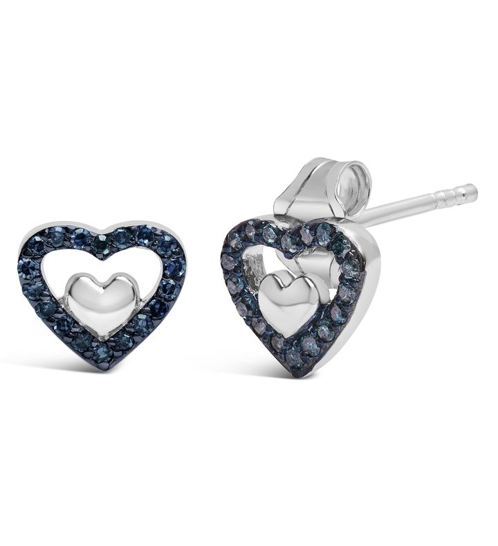 .925 Sterling Silver 1/6 Cttw Blue Diamond Open Double Heart Stud Earrings