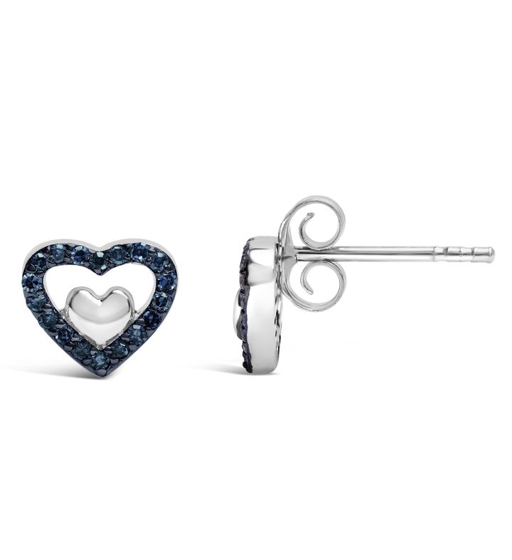 .925 Sterling Silver 1/6 Cttw Blue Diamond Open Double Heart Stud Earrings
