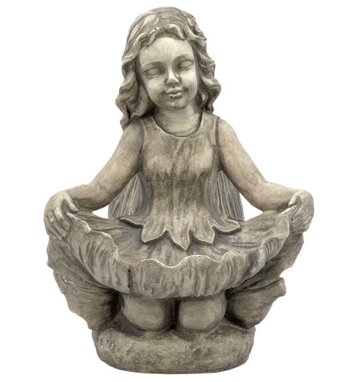 Grey Resin Kneeling Fairy Bird Feeder Garden Statue 16"