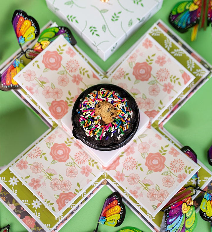 Chocolate Cake Bloom Box With Celebration Spinning Music Stand