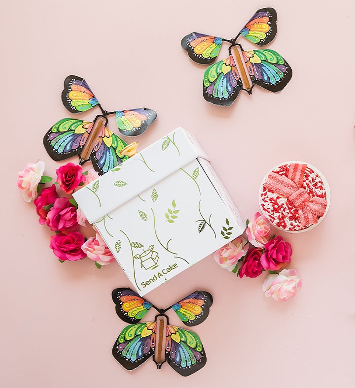 Blossom Box Gift With Butterfly Surprise and Strawberry Cake