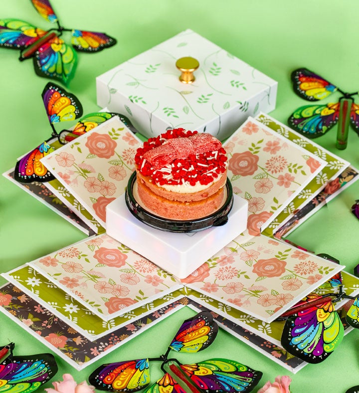 Blossom Box Gift With Butterfly Surprise and Strawberry Cake
