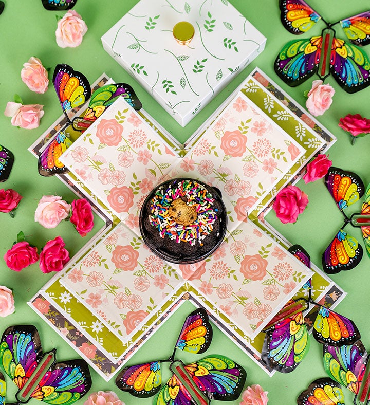 Blossom Box Gift With Butterfly Surprise and Chocolate Cake