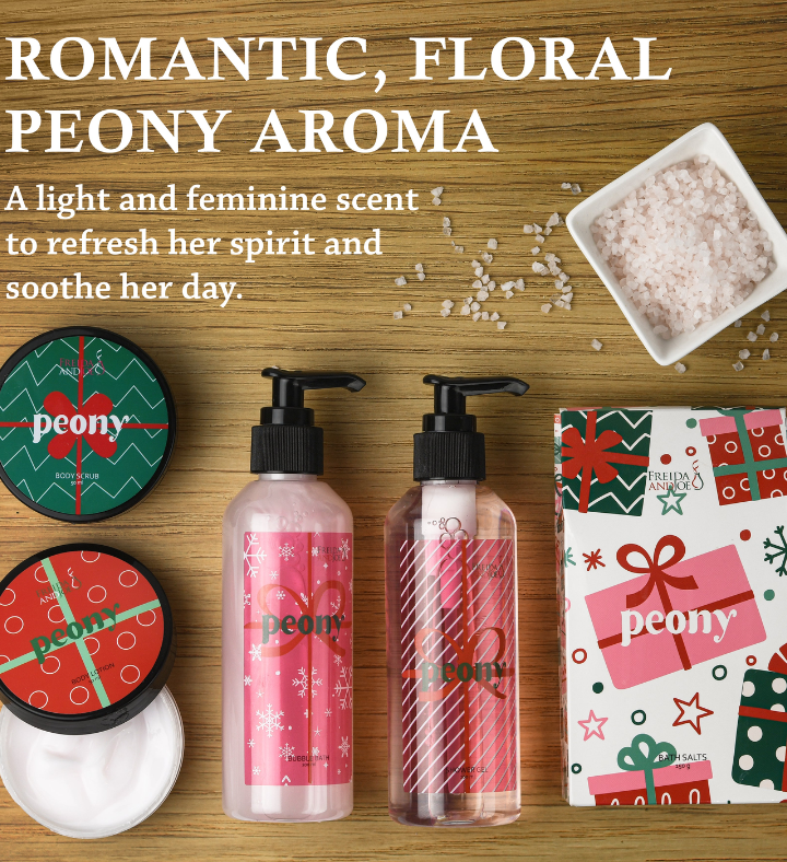 Pink Peony Fragrance Bath & Body Spa Gift Set in Natural Wood Basket