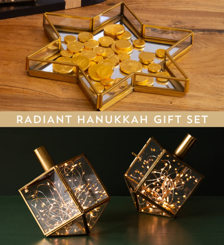 Radiant Hanukkah Gift Set   2 Glass Dreidels + Star Mirror Tray