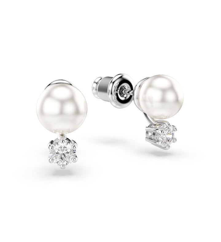 Matrix Stud Earrings Crystal Pearl Round Cut White, Rhodium Plated