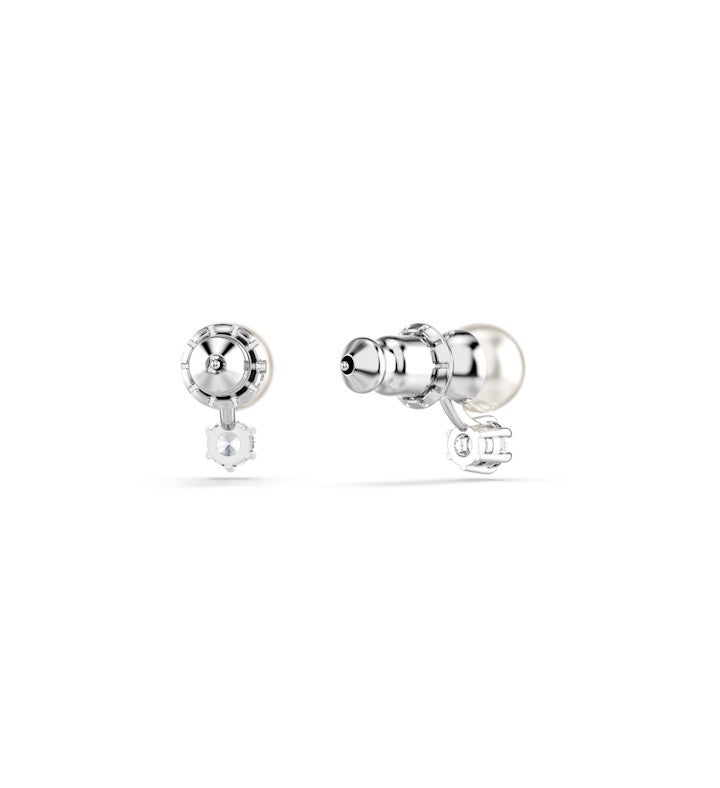Matrix Stud Earrings Crystal Pearl Round Cut White, Rhodium Plated