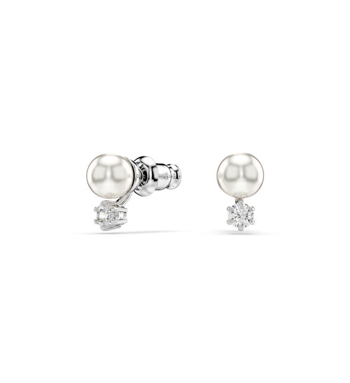 Matrix Stud Earrings Crystal Pearl Round Cut White, Rhodium Plated