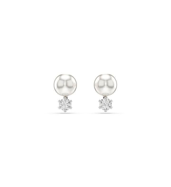 Matrix Stud Earrings Crystal Pearl Round Cut White, Rhodium Plated