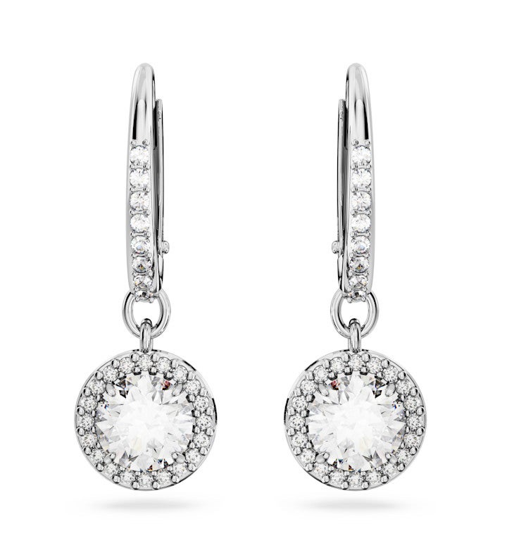 Una Angelic Drop Earrings Round Cut Pavé White Rhodium Plated