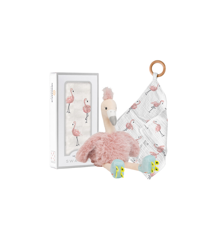 Gift Set - Dancing Flamingo Swaddle, Teether And Plush Toy