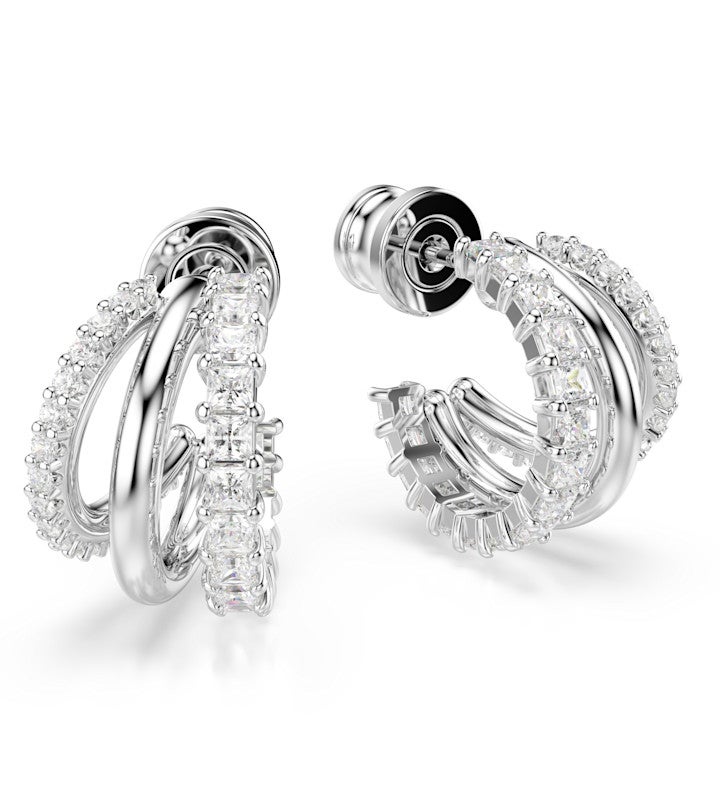 Hyperbola Hoop Earrings, Round Cut, Mini, White, Rhodium Plated