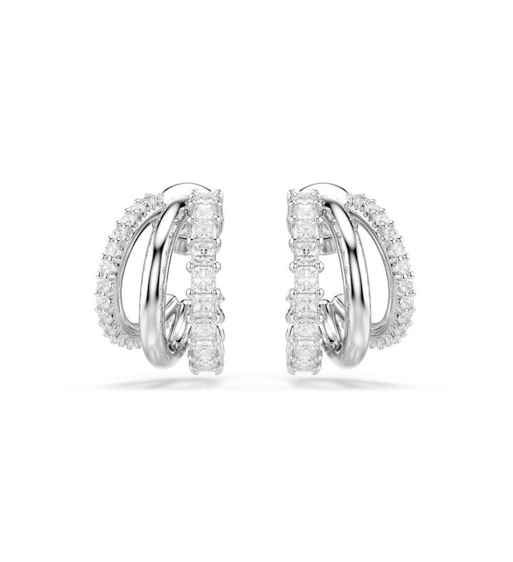 Hyperbola Hoop Earrings, Round Cut, Mini, White, Rhodium Plated