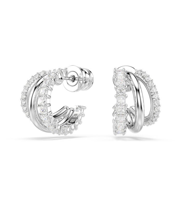 Hyperbola Hoop Earrings, Round Cut, Mini, White, Rhodium Plated