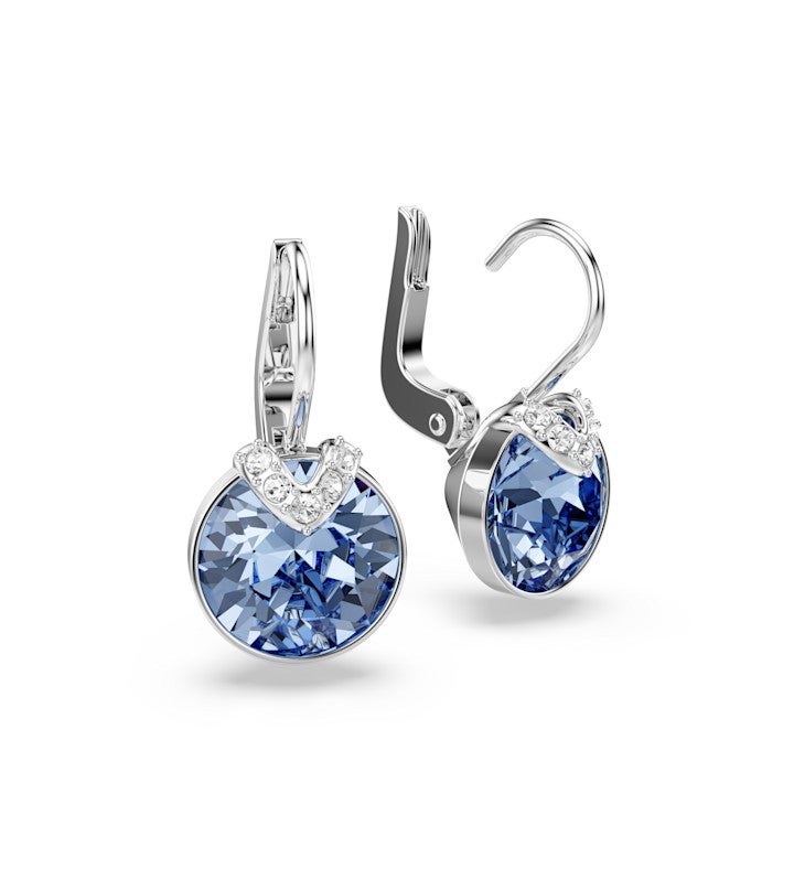 Bella V Drop Earrings, Round Cut, Blue, Rhodium Plated