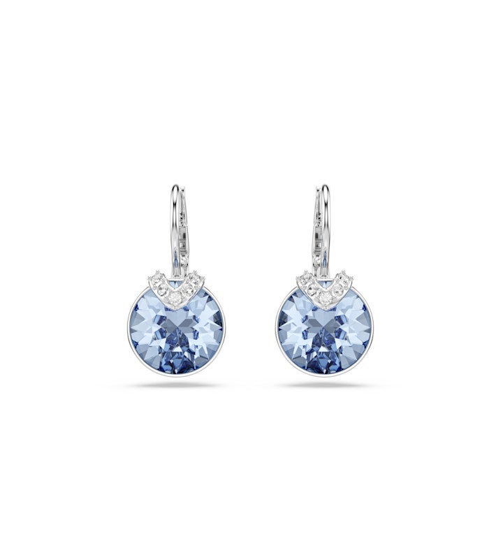 Bella V Drop Earrings, Round Cut, Blue, Rhodium Plated