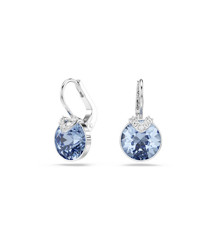 Bella V Drop Earrings, Round Cut, Blue, Rhodium Plated