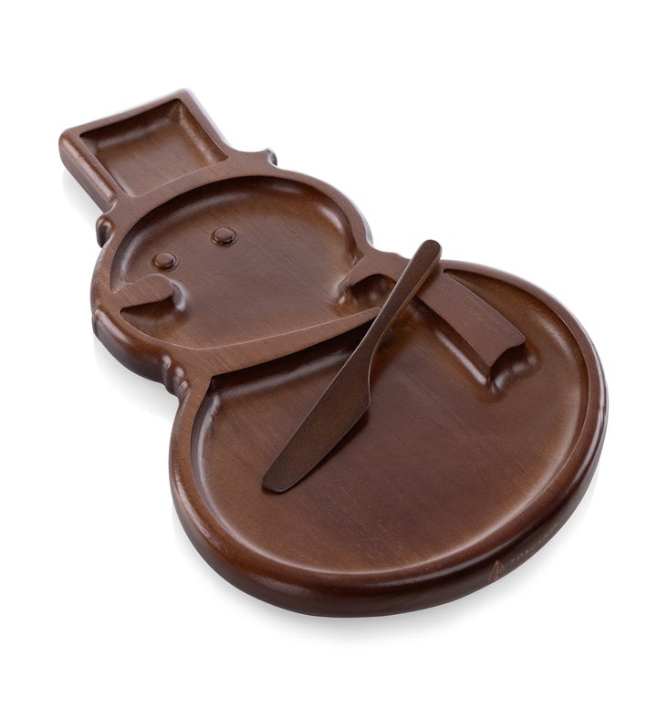Reversible Snowman Sectioned Stained Parawood Serving Tray With Knife