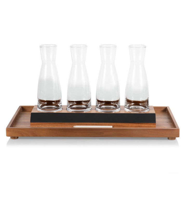 Cava Acacia Wood Wine Tasting Kit With 4 Glass Carafes
