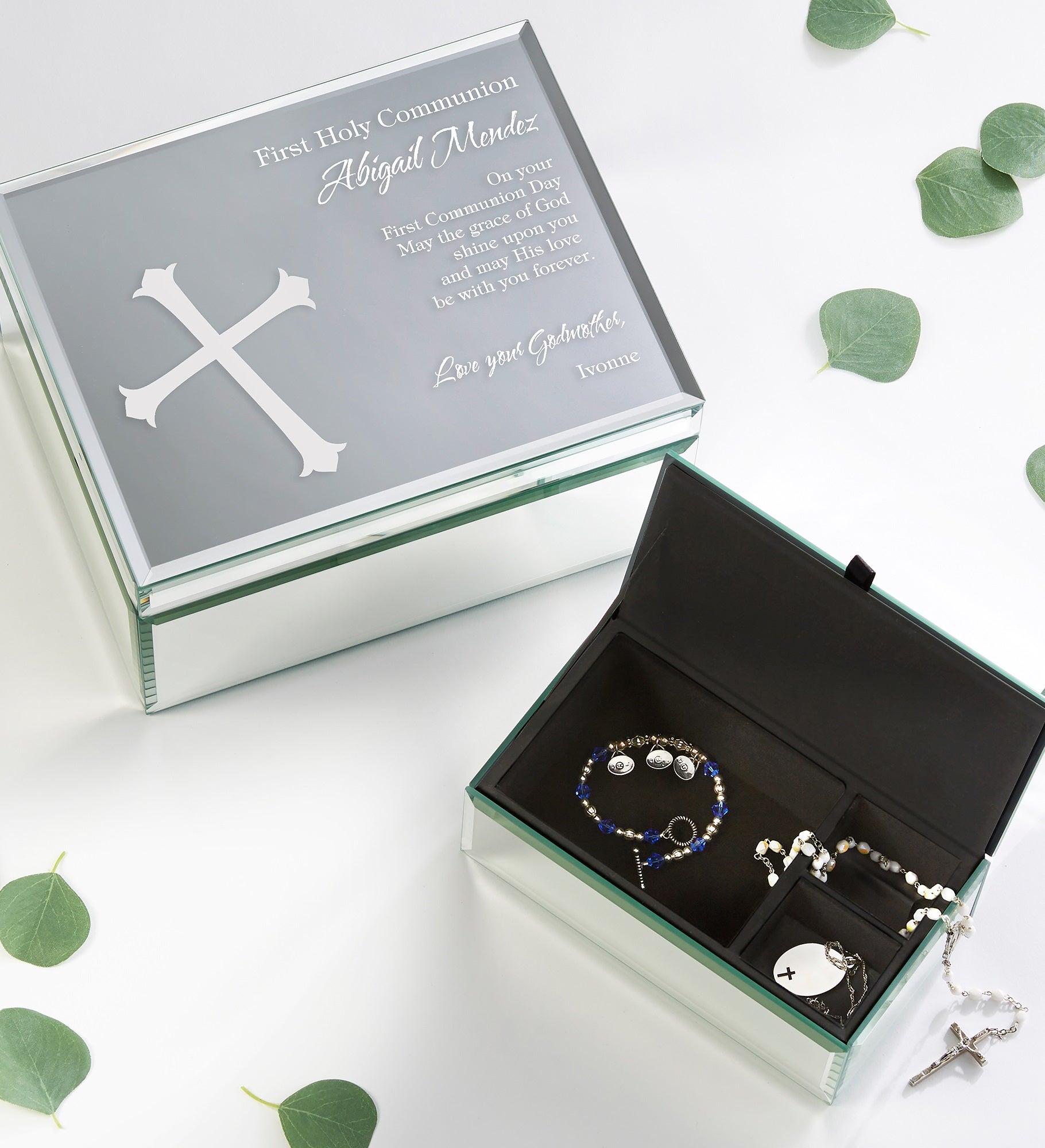 First Communion Blessing Engraved Mirrored Storage Box