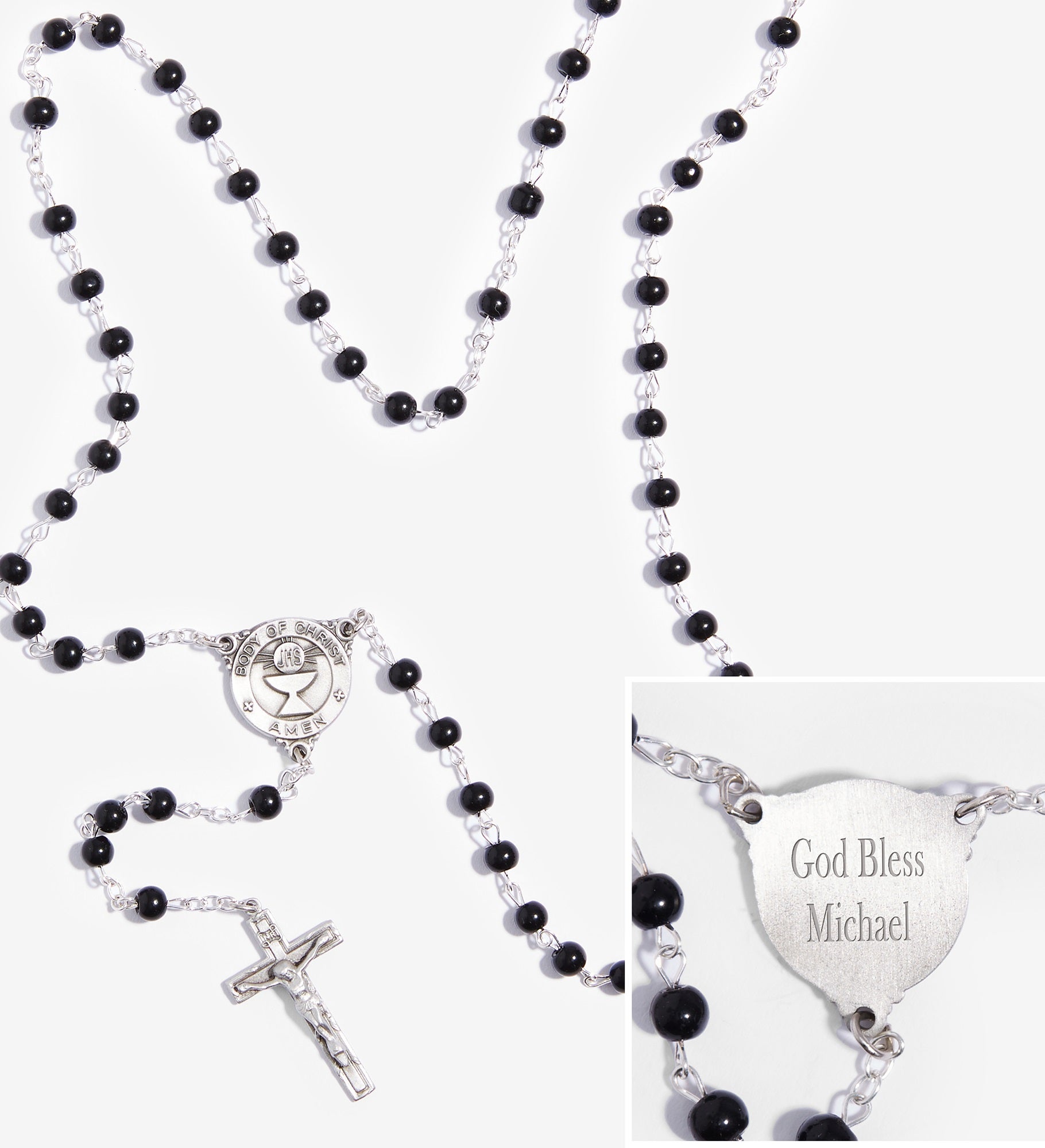 First Communion Boy's Personalized Black Glass Bead Rosary