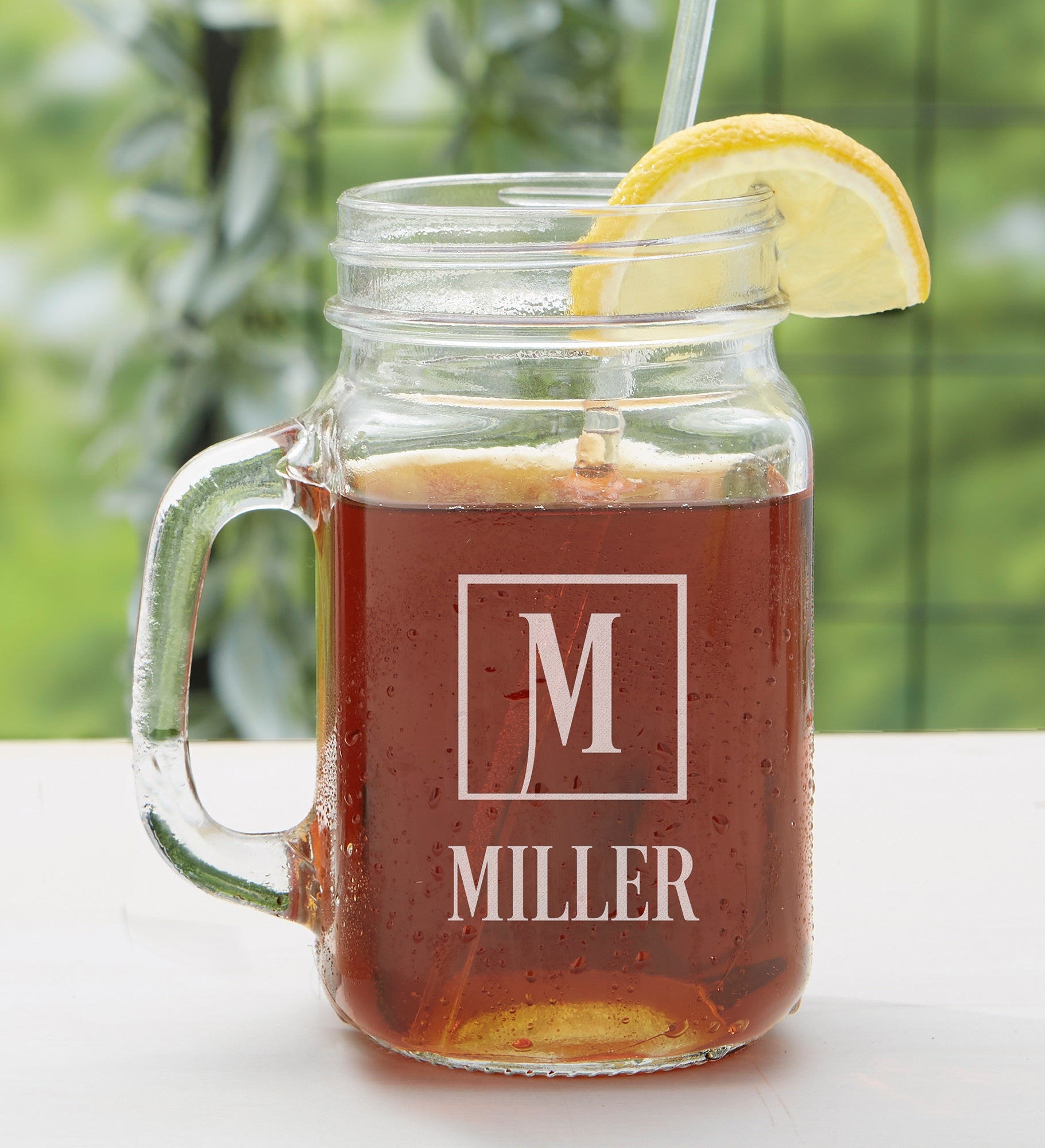 Square Monogram Etched Glass Mason Jar
