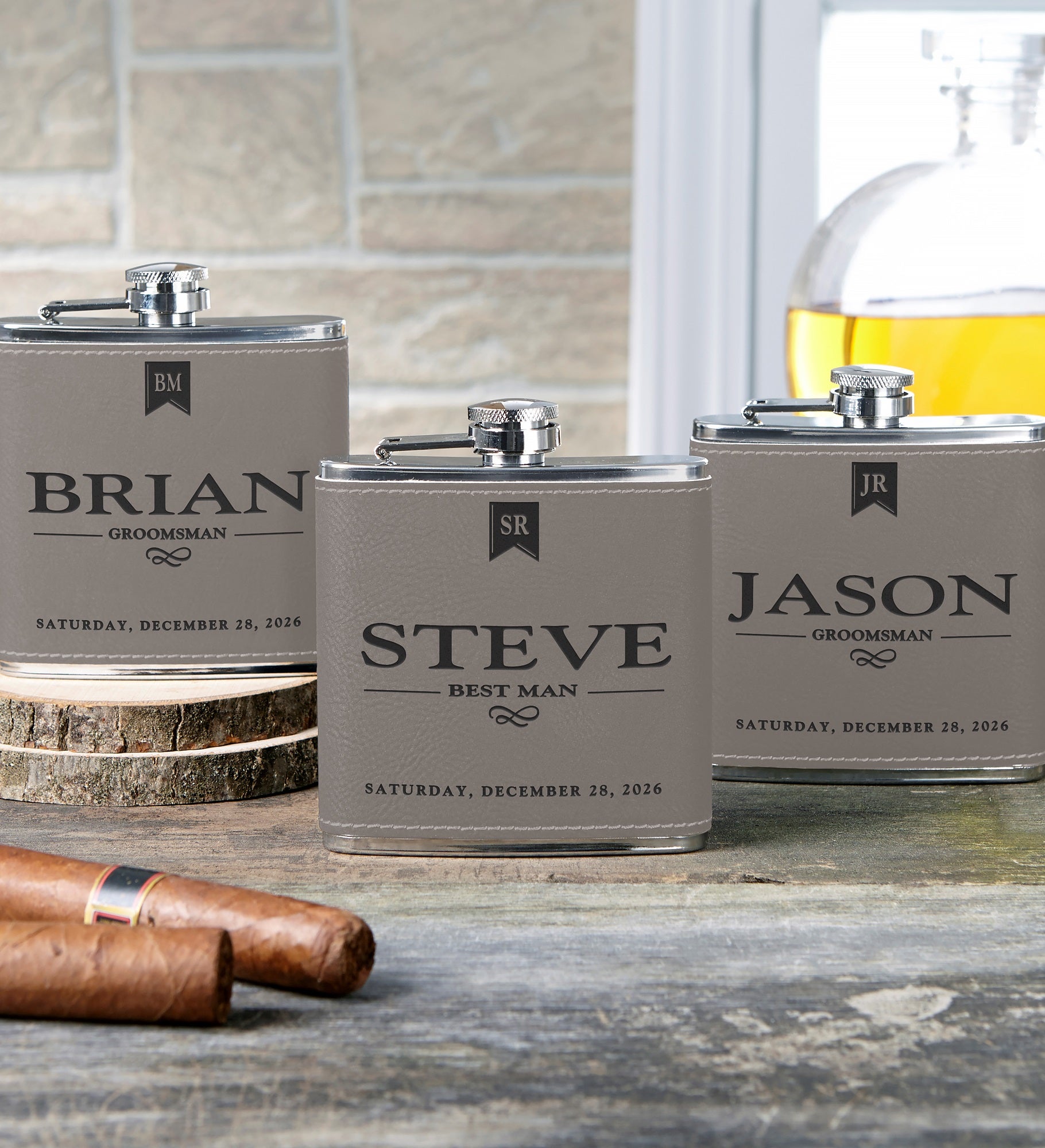 Groomsman Grey Leatherette 6 oz. Personalized Flask