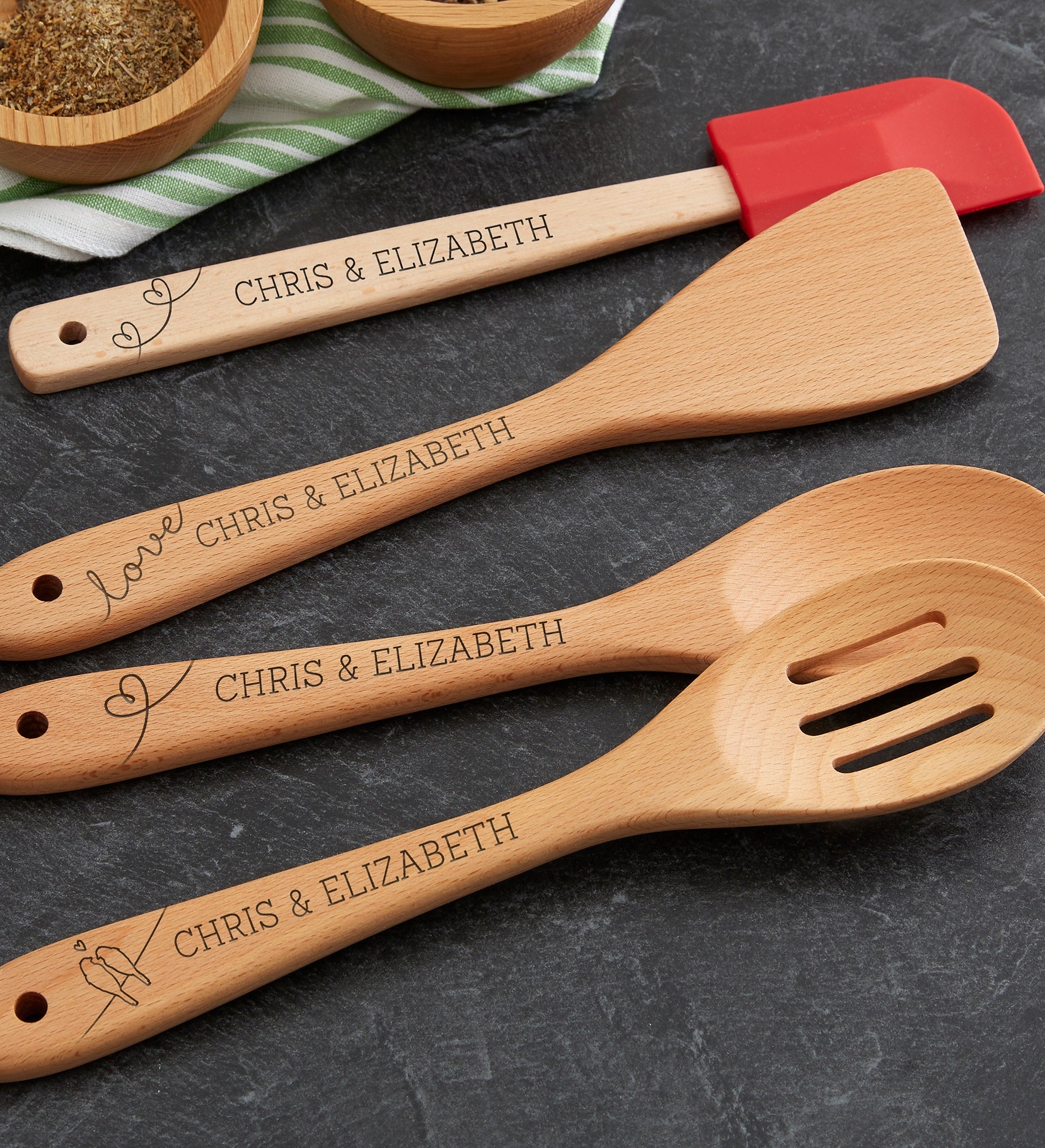 Love Birds Personalized Beechwood Utensils- 4pc Set