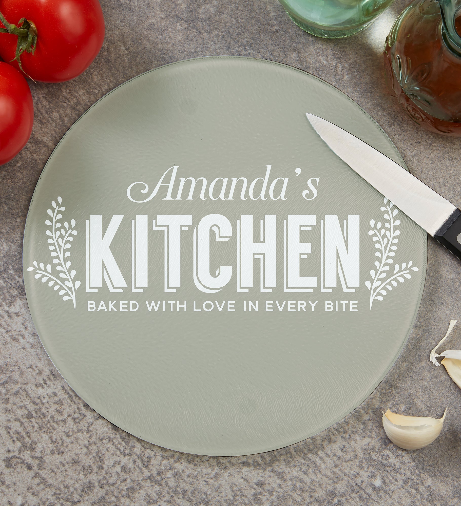 Her Kitchen Personalized Round Glass Cutting Boards