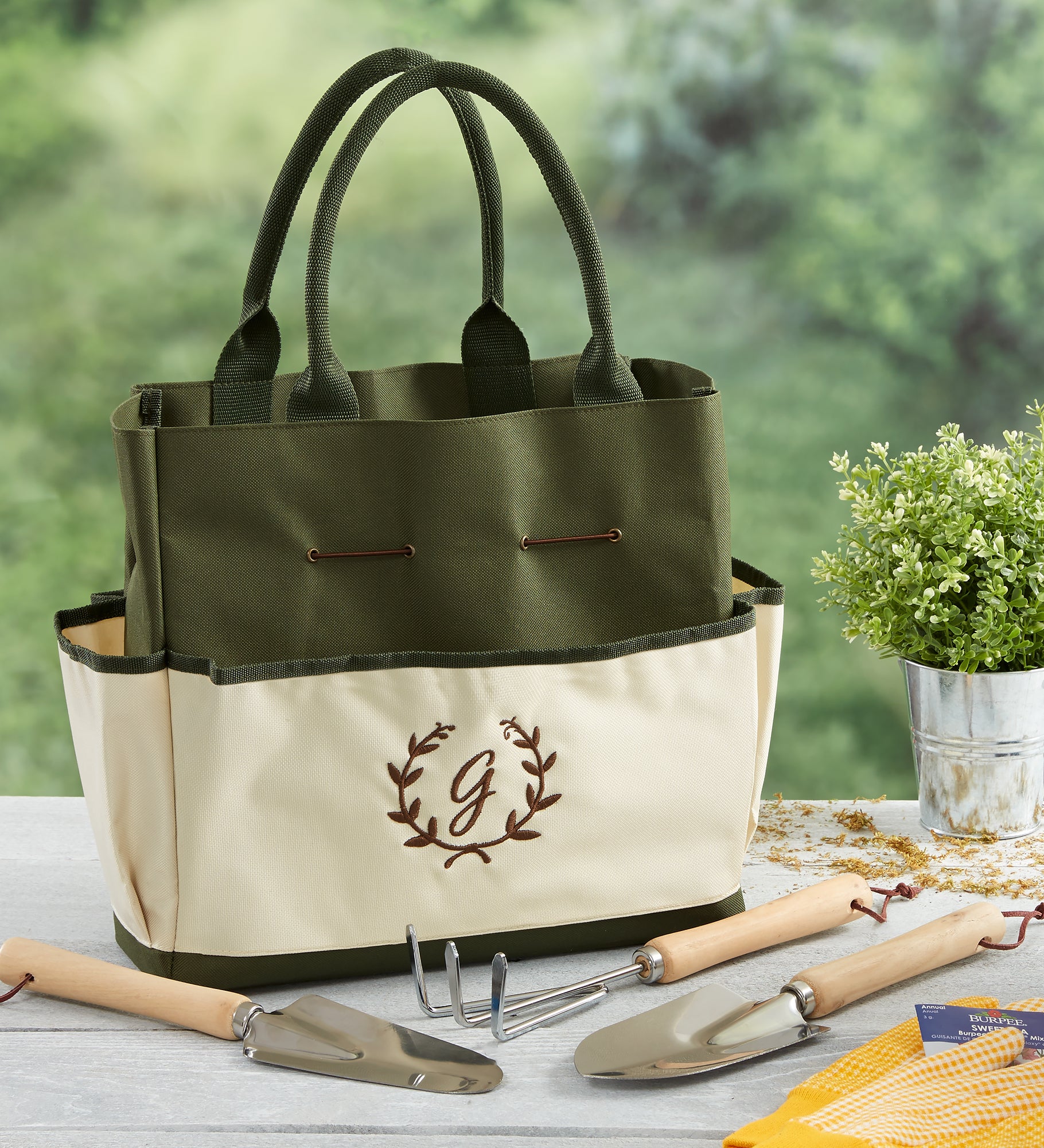 Floral Wreath Personalized Garden Tote and Tools