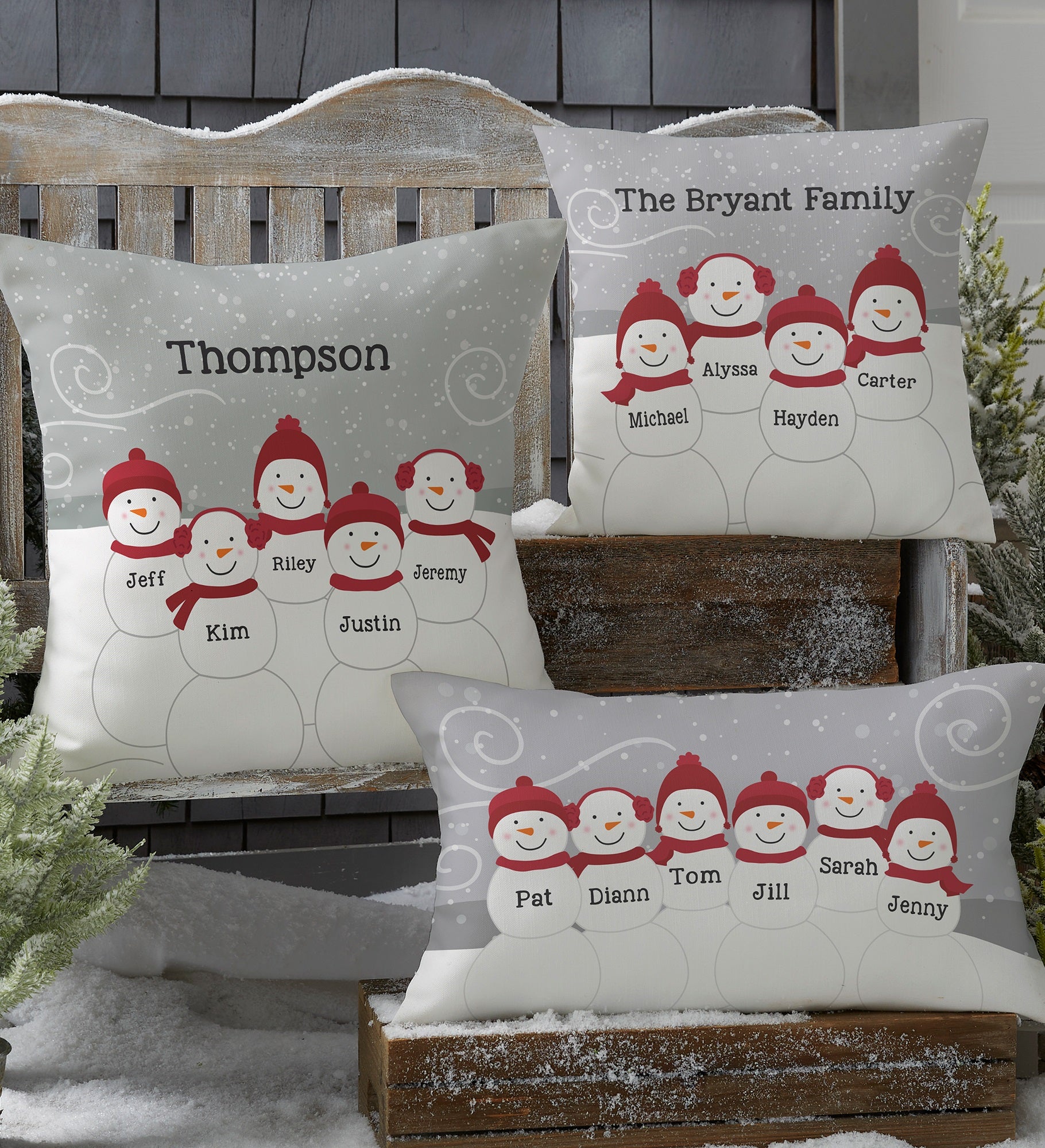 Snowman Family Personalized Outdoor Throw Pillow
