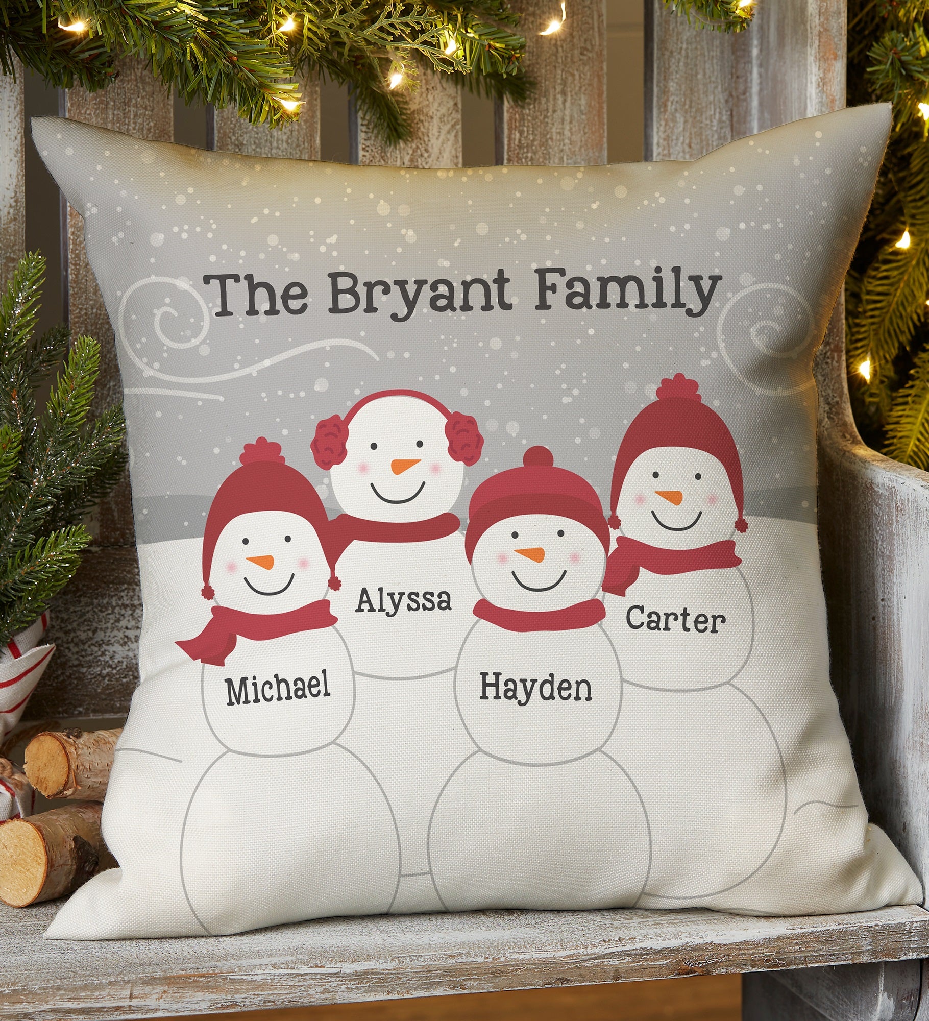 Snowman Family Personalized Outdoor Throw Pillow