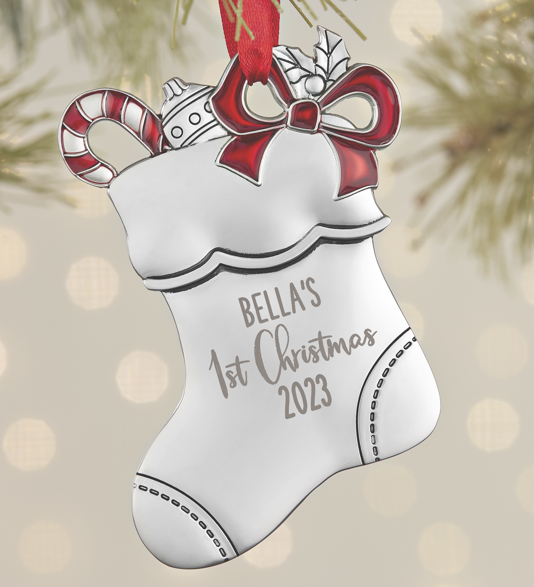 Baby's 1st Christmas Personalized Silver Stocking Ornament