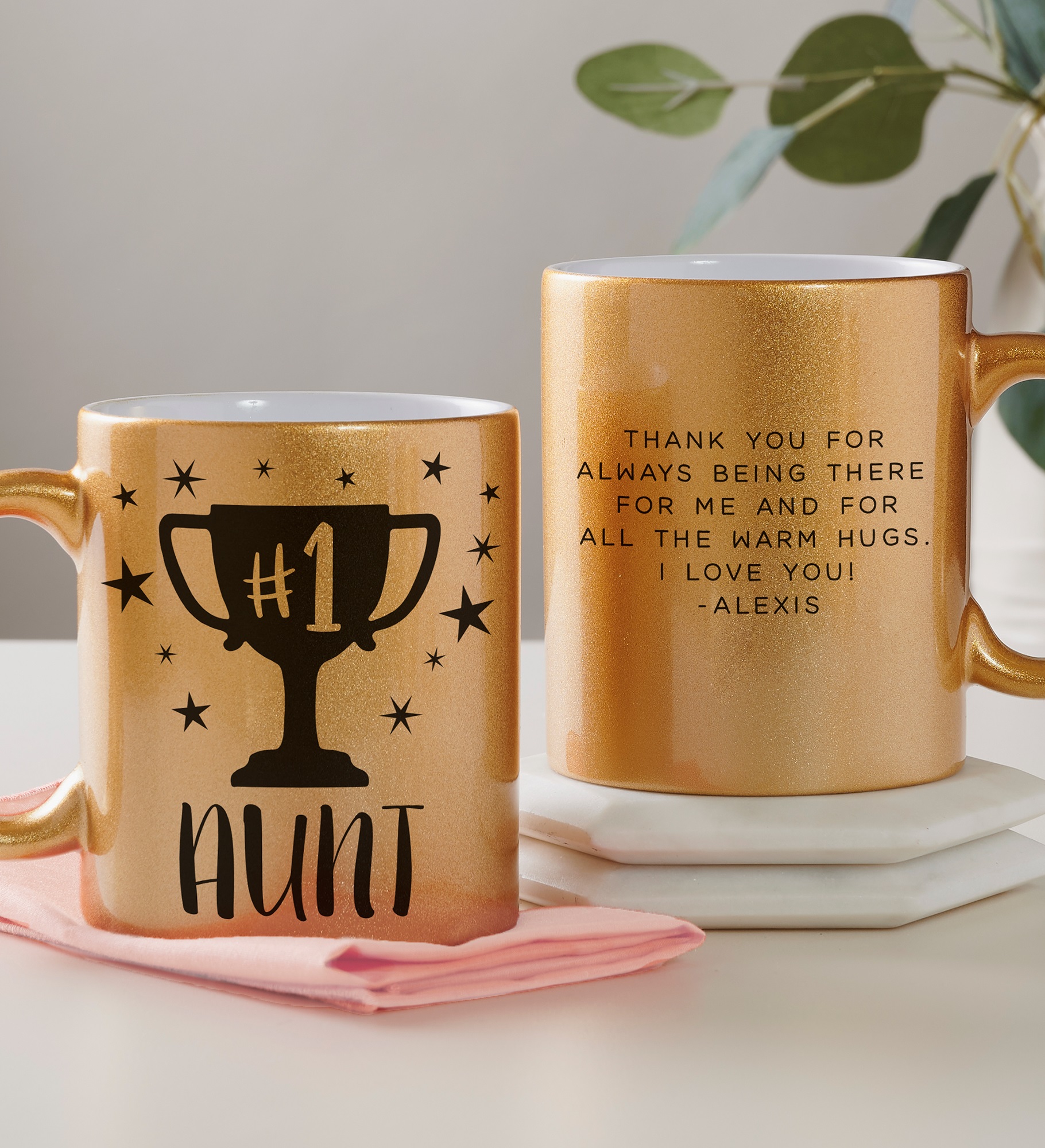 #1 Aunt Trophy Personalized 11 oz. Glitter Coffee Mug