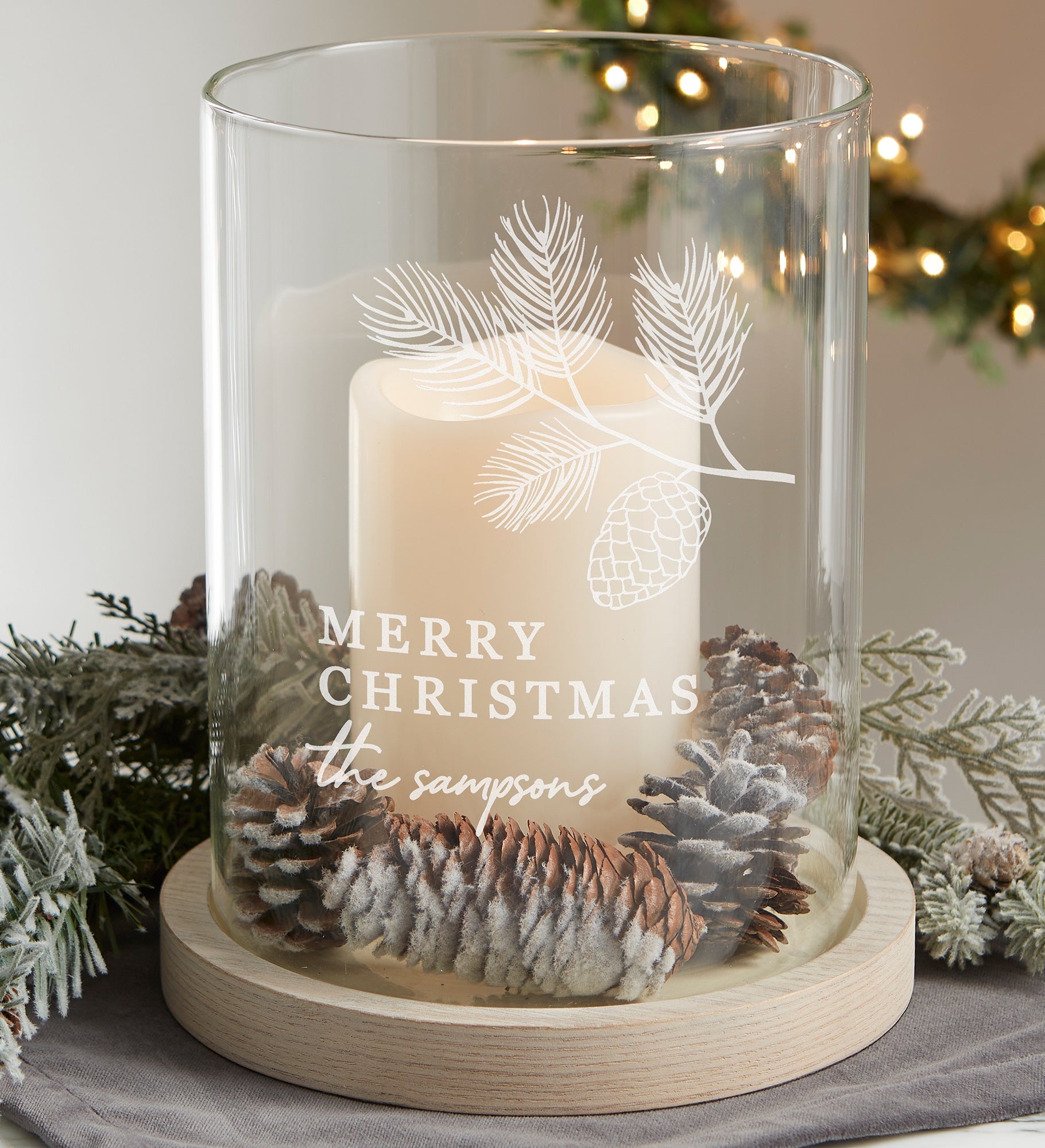 Festive Foliage Personalized Christmas Hurricane with Whitewashed Wood Base