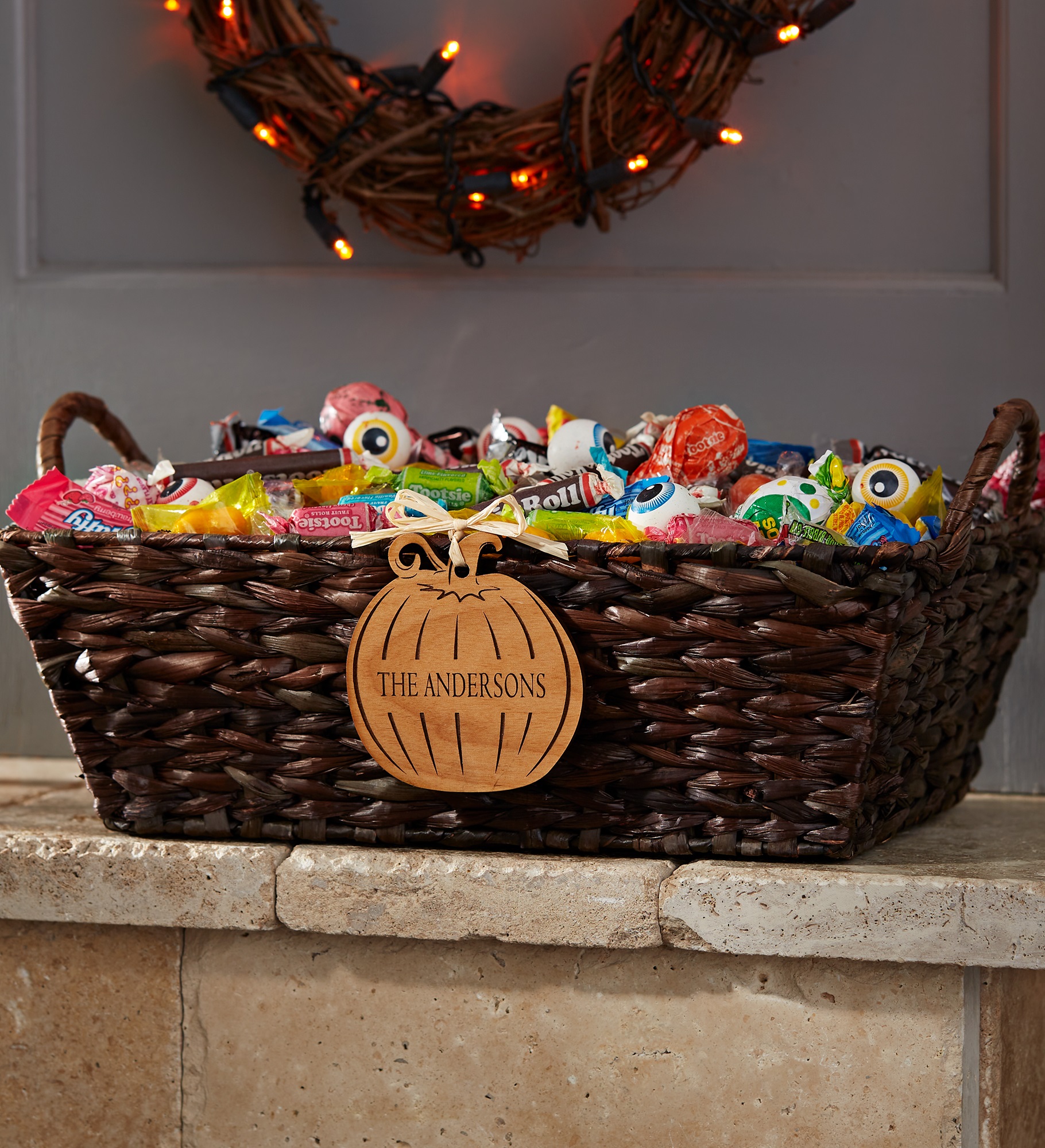 Halloween Candy Basket with Personalized Wood Pumpkin