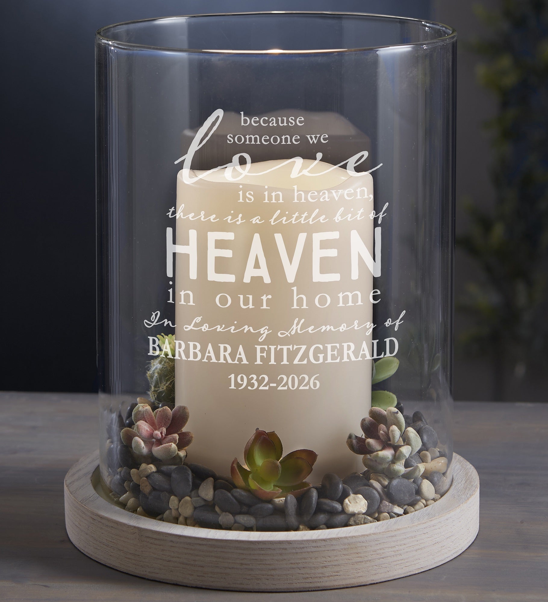 Heaven in Our Home Personalized Memorial Hurricane with Whitewashed Wood Base