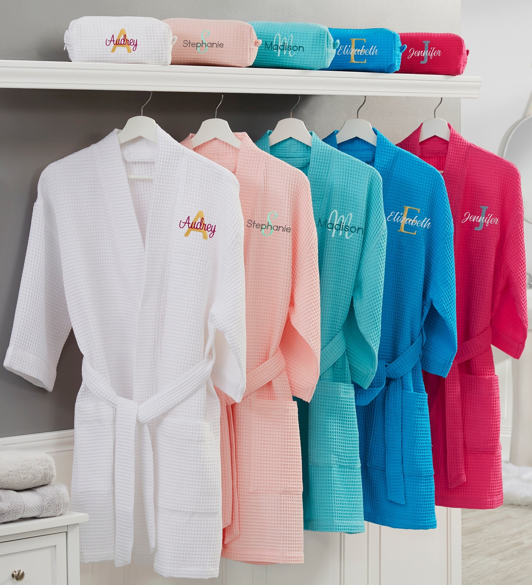 Playful Name Embroidered Waffle Weave Kimono Robe