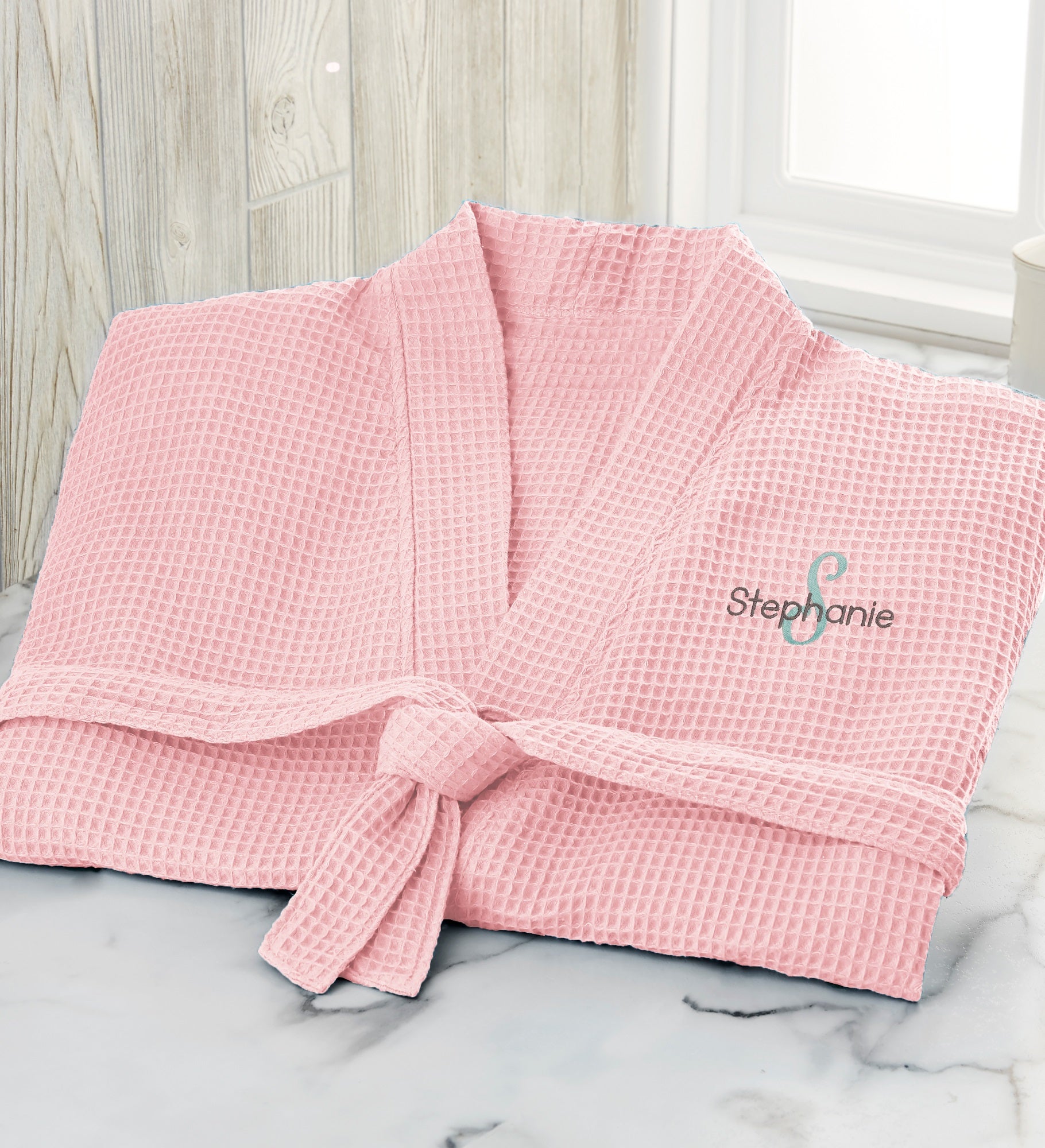 Playful Name Embroidered Waffle Weave Kimono Robe
