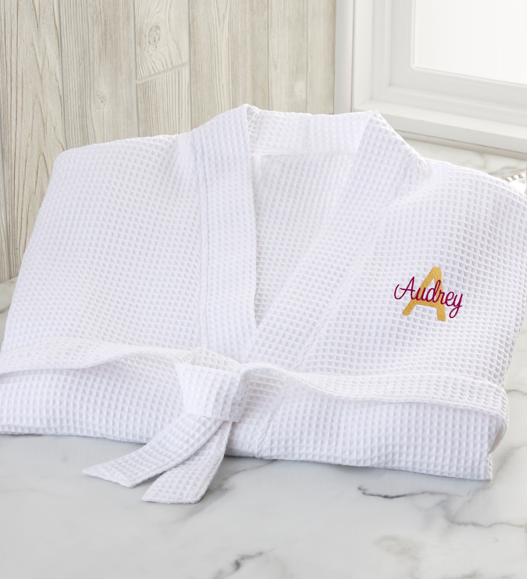 Playful Name Embroidered Waffle Weave Kimono Robe