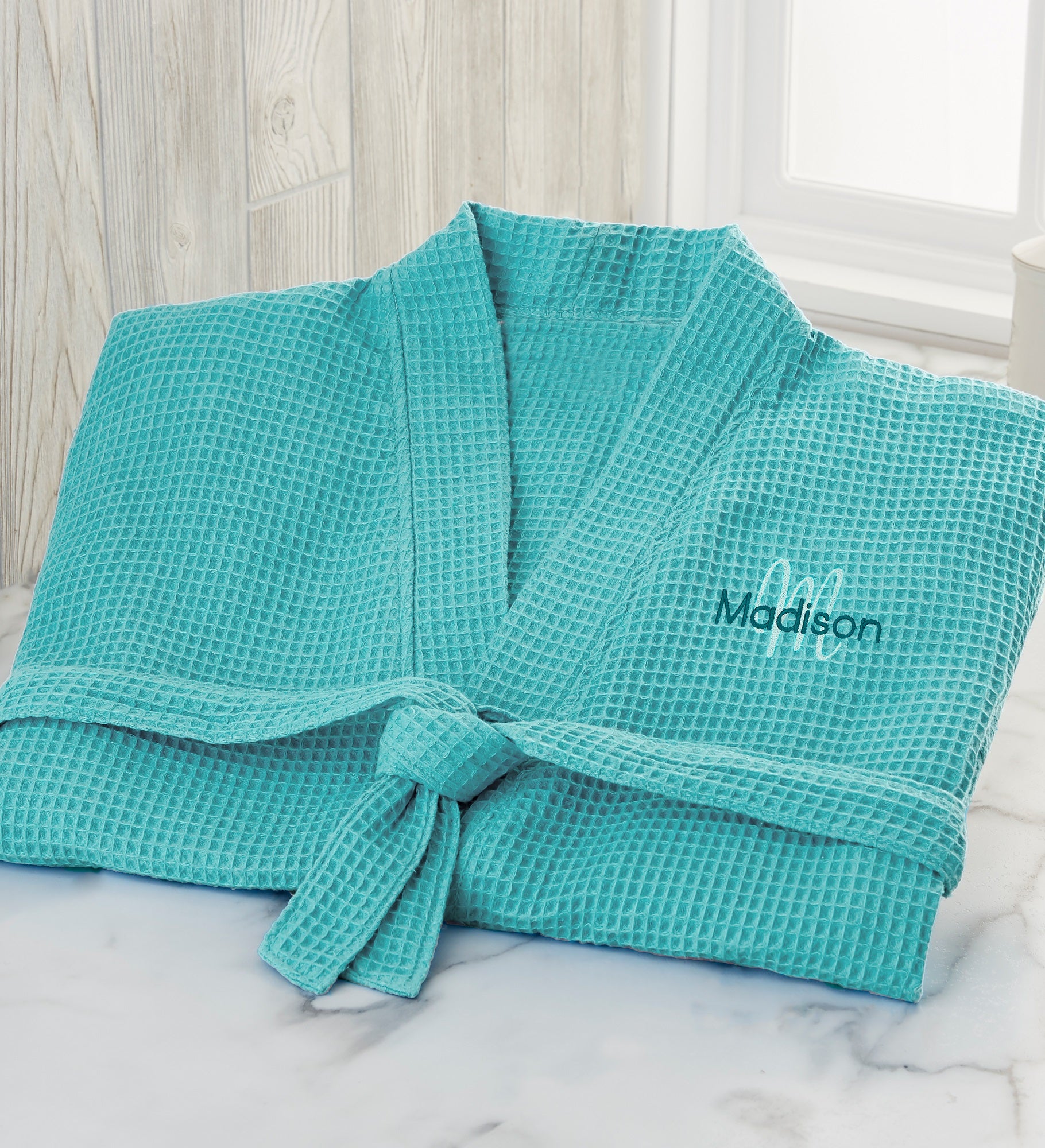 Playful Name Embroidered Waffle Weave Kimono Robe