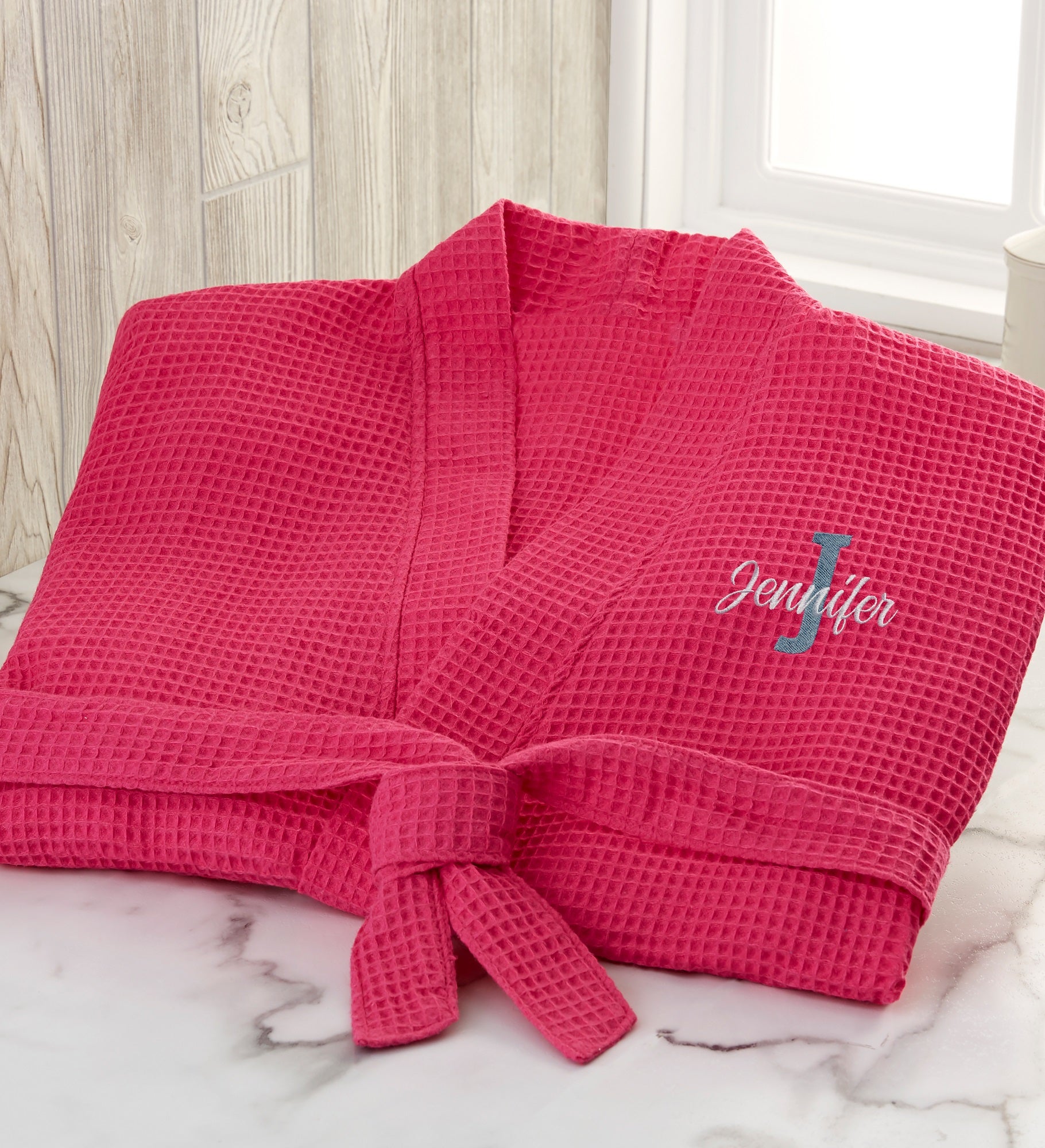 Playful Name Embroidered Waffle Weave Kimono Robe