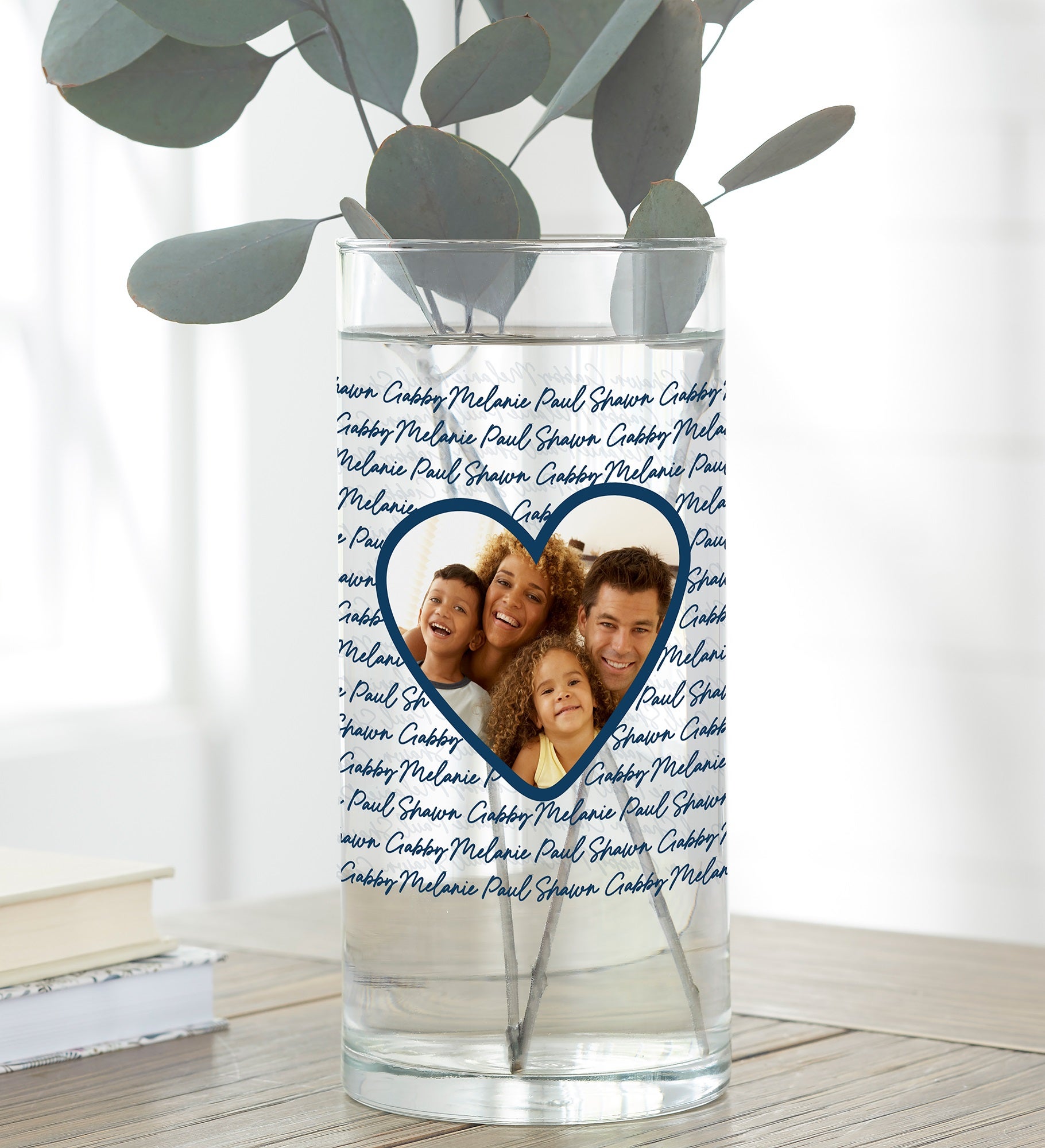 Family Heart Photo Personalized Cylinder Glass Flower Vase